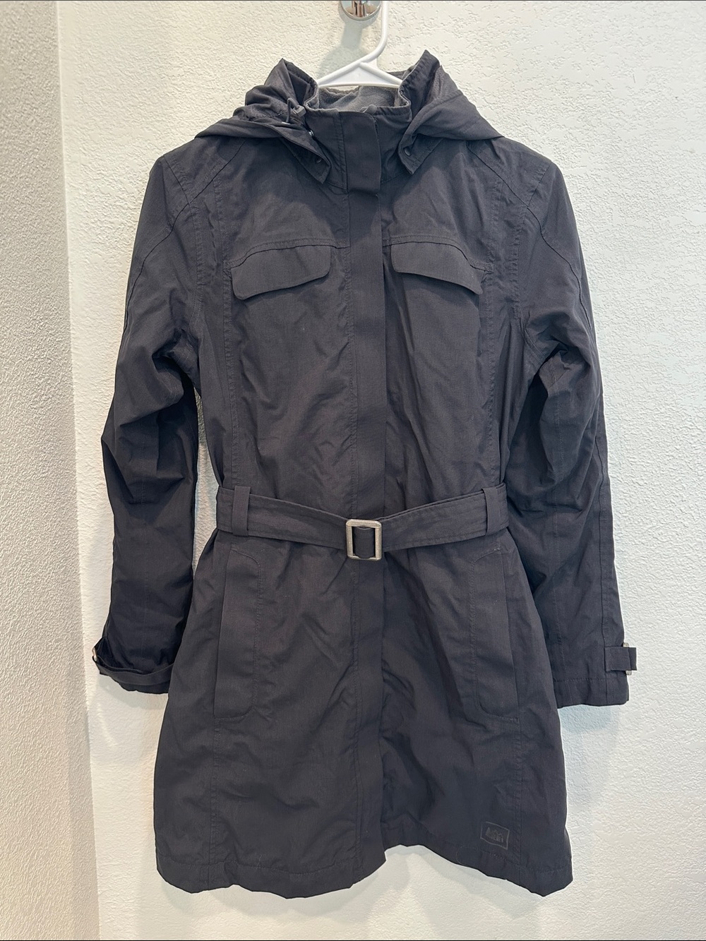 REI Black Hooded Belted Trench Raincoat